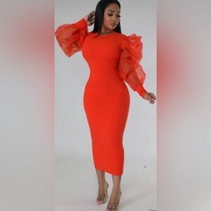 Orange Sheer Sleeve Midi